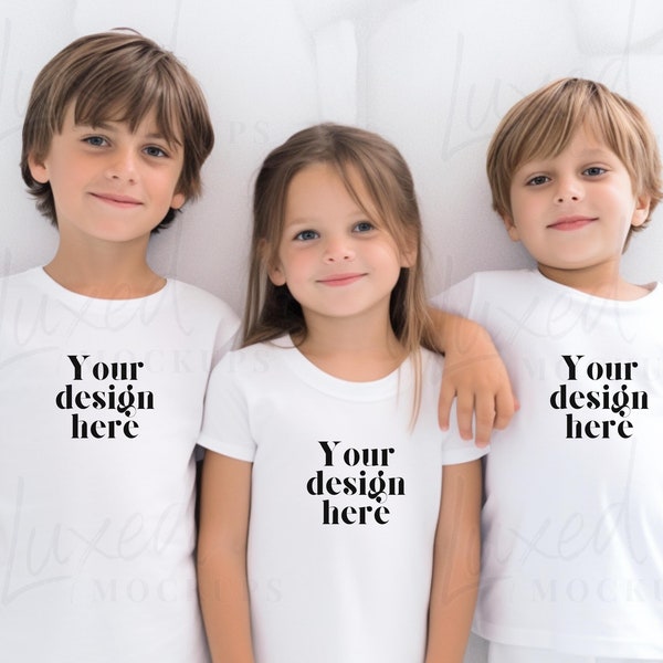 Bella Canvas 3001Y, Trio Kids White T-Shirt Mockup, Boho Model, Childs Shirt Mock Up, Toddler Blank Sublimation Tee, Outdoor Mockup