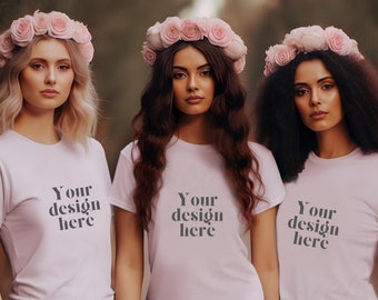 May include: Three people wearing light pink t-shirts with the text "Your design here" in a dark gray font. Each person is wearing a pink rose crown. They are wearing blue and pink pants. The background is a blurred outdoor scene.