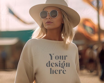 Trendy Sand Gildan 18000 Mockup | Gildan Sand Sweatshirt Mockup | Crewneck Sweatshirt Model Mockup | Festival Mockup | Gildan Oversized