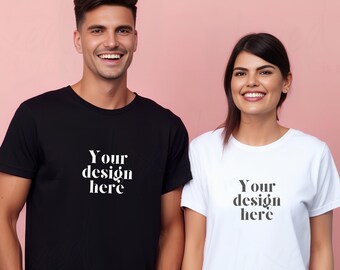 May include: Two people wearing black and white t-shirts with the text "Your design here" printed on the front.
