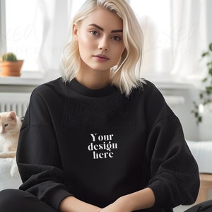 Gildan 18000 Mockup | Gildan Black Sweatshirt Mockup | Sweatshirt Model Mockup | Simple Mockup | Black Gildan Oversized Crewneck Mockups