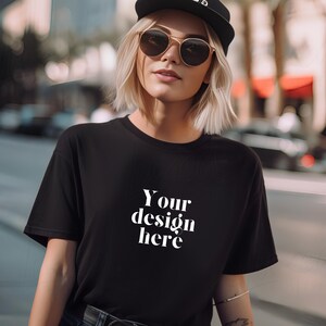 Black trendy bella canvas 3001 model mockup, bella canvas 3001 black T-shirt mockup, BC 3001 black T-shirt mockup, black t shirt mock