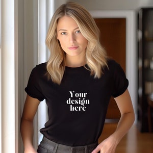 Black Bella Canvas 3001 Model Mockup, Bella Canvas 3001 Black T-shirt Mockup, BC 3001 Black T-shirt Mockup, Cosy Boho Mockup, styled Mockup