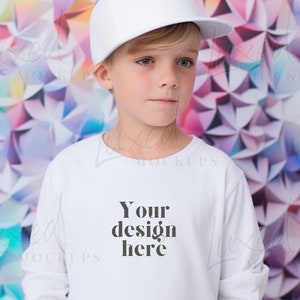 Kids White Sweatshirt Mockup | Gildan 18000b White Mockup | KIDS Sweater Mockup | Boys Model Mockup | Boys sweater Mockup