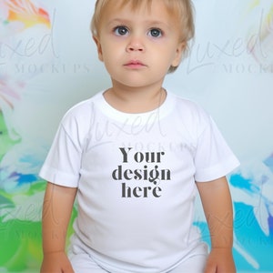 Cute Toddler T-Shirt Mockup Baby, RABBIT SKINS 3322 White Mockup with Model, Blank White T-Shirt Cute Toddler Model