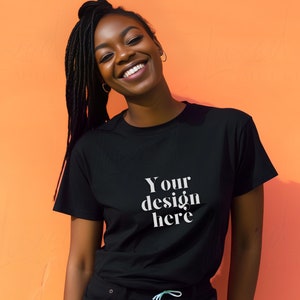 Bella canvas black 3001 trendy model mockup, bella canvas 3001 black T-shirt mockup, BC 3001 black T-shirt mockup, black diverse tshirt mock
