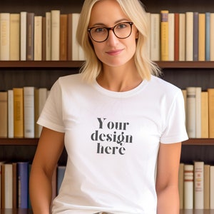 White Bella Canvas 3001 Mock, Tshirt Mockup, Styled Shirt Mockup, book lovers mockup, Womens Tee Mock, White T-Shirt Mockup, reading mock
