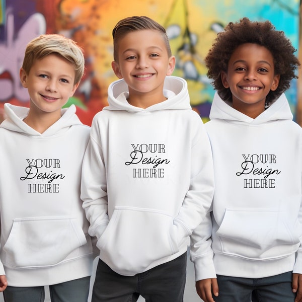 Youth pullover hoodie sweatshirt gildan 18500B, Group kids Hoodie Mockup | White Hoodie Model Mockup | Sweatshirt Mockup I Child Mockup
