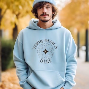 Gildan 18500 Light Blue Mockup, Male Gildan Hoodie Mockup, Fall Hoodie Mens Model Mockup, Unisex Heavy Blend hoodie, Gildan 18500 Man