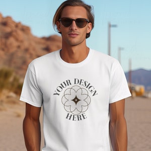 Men&#39;s WHITE Gildan 5000 T-shirt Mockup, Nature Model Mockup, Mens Shirt Mockup, White Tshirt Mockup for Men, Aesthetic Mockup