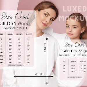 Mommy & me Sweater Size Chart| Gildan 18000 Size Chart| Size Chart for Rabbit skins 3317 | Size Chart Mockup | Sizing chart