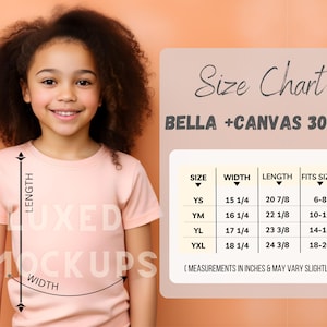 Tabla de tallas de Bella Canvas 3001Y, tabla de tallas de camisetas para jóvenes, tabla de tallas de camisetas para niños, medidas de camisetas, maqueta de guía de tallas de Bella Canvas 3001Y
