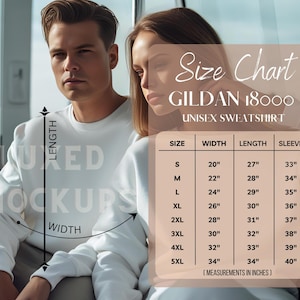 Gildan 18000 Size Chart | Hanging Size Chart for Gildan | Gildan 1800 Mockup and size chart | White background Gildan 18000 Size Guide