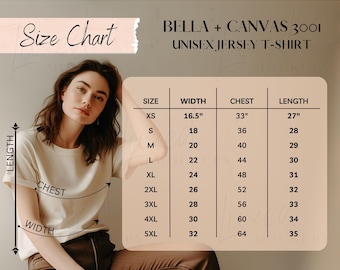 サイズ表、Bella Canvas 3001、Tシャツの寸法、3001 サイズ表