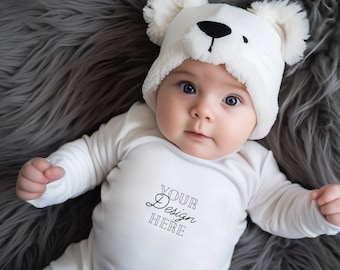 Rabbit Skins 4411 Mockup, Baby Model Bodysuit, White 4411 Lifestyle Infant, Child Model Mockup, Onesie Mockup Model, One-Piece Long-Sleeve