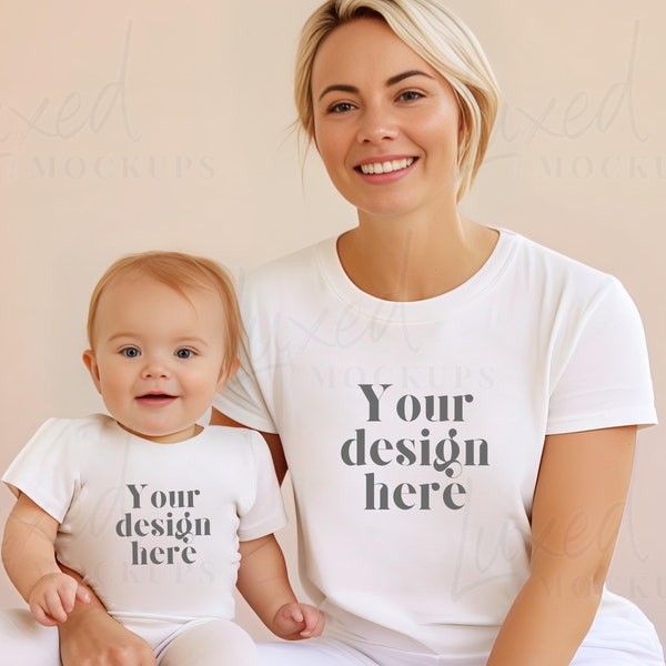 Maquette de t-shirt blanc maman et moi | Maquette de t-shirt maman et moi | Toile Bella pour tout-petits | 3001 T-shirt bébé maman maquette | Maquette de bébé Onesie