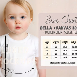 Bella Canvas 3001T Size Chart, Toddler Shirt Size Chart, Kids Tshirt Sizing Chart, T-Shirt Measurements, Bella Canvas Size Guide Mockup
