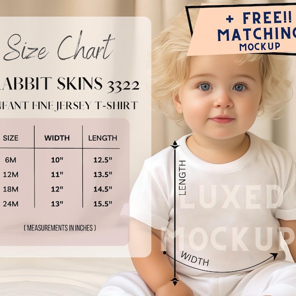 Konijnenvellen 3322 Maattabel | Rabbit Skins Infant Fijne Jersey Tee Maattabel | Konijnenhuiden 3322 Maattabel voor baby's | Model met konijnenhuiden