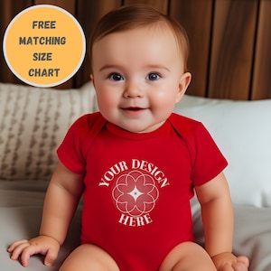Red Rabbit Skins 4424 Infant Fine Jersey Bodysuit Mockup, Red Baby Bodysuit Mockup, Baby Onesie, Baby Mockup, Baby One piece mockup