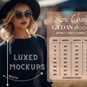 Gildan 18000 Size Chart | Hanging Size Chart for Gildan | Gildan 1800 Mockup and size chart | White background Gildan 18000 Size Guide