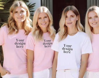 May include: Four women wearing pink and white t-shirts with the text "Your design here" printed on them. The women are smiling and looking at the camera.