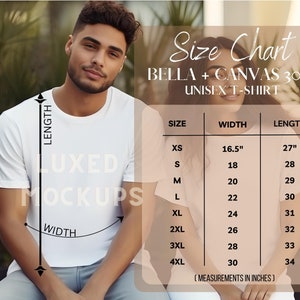Bella Canvas 3001 Diverse Size Chart| Bella and Canvas 3001 Size Chart| Size Chart for Bella and Canvas 3001| Size Chart Mockup
