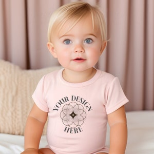 Trendy Toddler T-Shirt Mockup Baby, RABBIT SKINS 3322 Pink Mockup with Model, Blank Pink T-Shirt Cute Toddler Model Outside