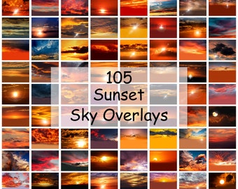 105 Sky Sunset Overlays; Sunset Dusk Photoshop Overlays, Photo Edit, Evening Sunset Overlays, Beach Sky Cloud Twilight Sunrise Background