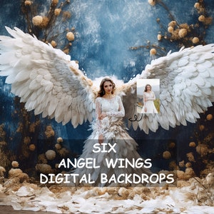 White Angel Wings Digital Backdrops, Feather Wings Maternity Background, Fairytale Wing Backdrop Overlays for Photoshop Portrait HD Photo