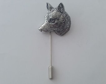 A66 Wolf Head fine English pewter on a very strong tie stick pin perfect attach a hat scarf collar coat tie jacket etc