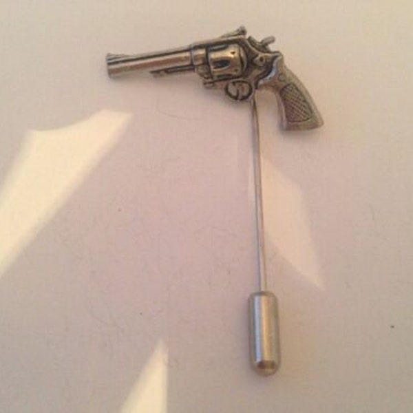 G12 Modern Revolver   fine English pewter on a very strong tie stick pin perfect attach a hat scarf collar coat tie jacket etc