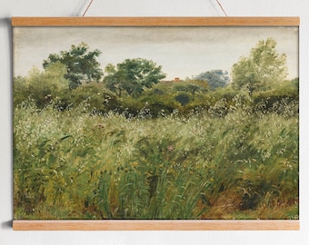 Vintage Meadow Landscape Painting: Country Cottage Wall Art