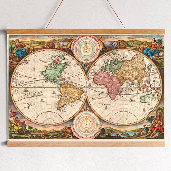 1730 Stoopendaal Map of the World in two Hemispheres, Geographicus, Werelt Caert, Antique Map Canvas Home Decor