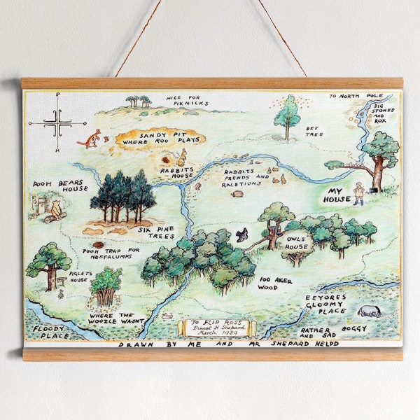 Winnie the Pooh Canvas Hanging Map - 100 Acre Wood Map - Kids Room Wall Decor