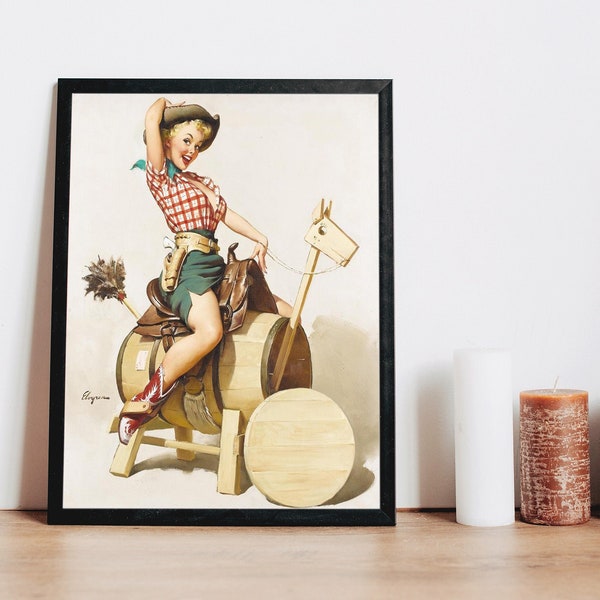 Gil Elvgren Cow Girl Retro - Cowboy Girl Art - Cowboy Gift - Ready To Hang Canvas Framed Or Print