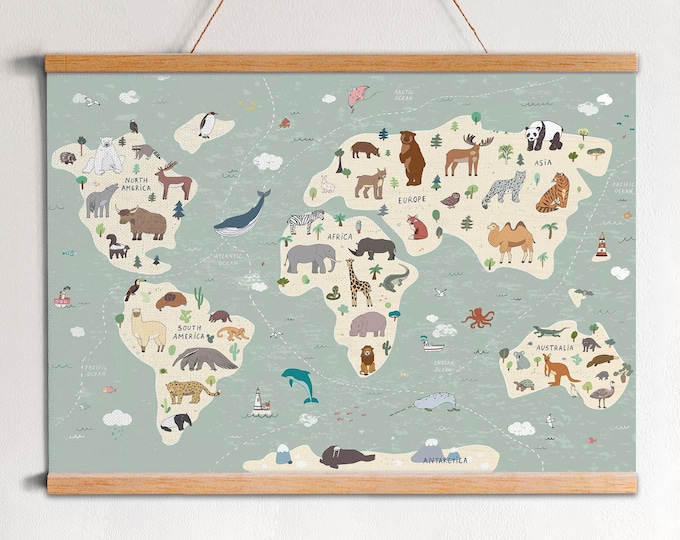 Animal World Map Canvas: Educational Nursery Wall Decor