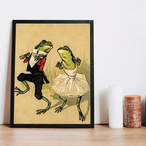 Impresión de pared de ranas bailarinas retro, ilustración de rana vintage, carteles de moda, ranas lindas, positivo