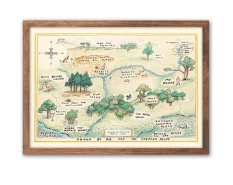 May include: A hand-drawn map of the Hundred Acre Wood from Winnie the Pooh, featuring locations like Pooh's House, Rabbit's Burrow, Owl's House, and Eeyore's Gloomy Place. The map is framed in a brown wood frame.