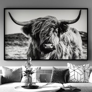 Black and White Highland Cow Framed Print on Canvas Wall Art Free Shipping - Black and White Scottish Cow Ready to Hang