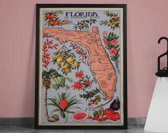 Può includere: Un poster vintage incorniciato che raffigura una mappa della Florida con illustrazioni di vari frutti e piante originarie dello stato. Il poster è intitolato "Florida, The Everglade State".