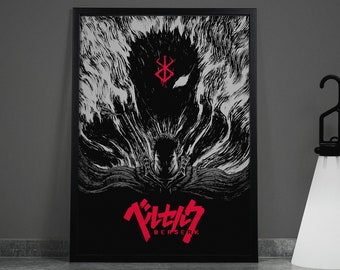 May include: Black and white poster with a black and white illustration of a character from the anime Berserk. The character is surrounded by a swirling black and white pattern. The title "Berserk" is written in red at the bottom of the poster.