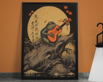 Retro Japanese Frog Guitar Art Print: Moon Illustration, Trendy Poster