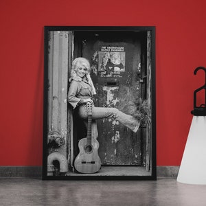 Dolly Parton Black and White Photo with Guitar, Nostalgic poster, Retro Music Poster, Framed or Unframed