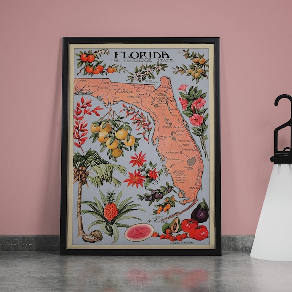 State Map of Florida 1917 - Natural Resources - Vintage Poster - Vintage Florida Map - Vintage Florida Poster - Vintage Travel Canvas