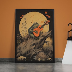 Retro Japanese Frog Art with Moon and Guitar Wall Print, Vintage Frog Illustration, Trendy Posters, Cute Frogs, Print or Framed Canvas