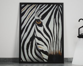 May include: A black and white framed painting of a zebra's face. The zebra's eye is visible and the stripes are bold and detailed.