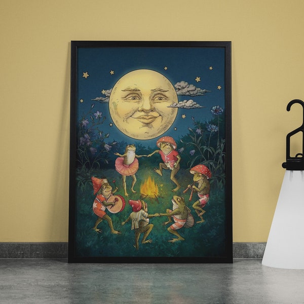 Dancing Frogs Around Campfire Art Print: Retro Moon, Mushroom Decor