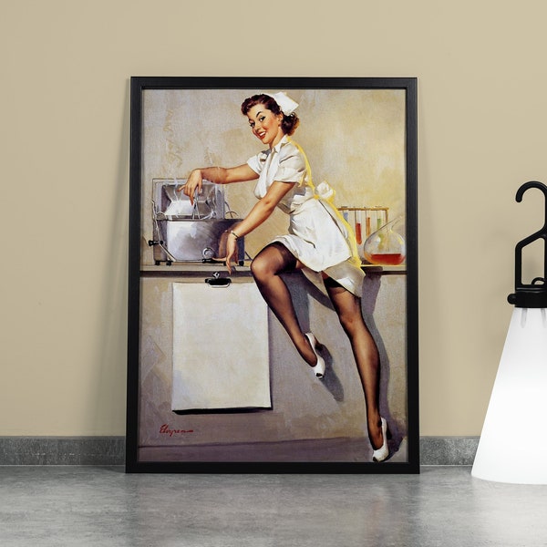 Gil Elvgren in the lab - Hot Nurse - Nursing Gift - Gif for Nurse - Ready To Hang Canvas Framed Or Print