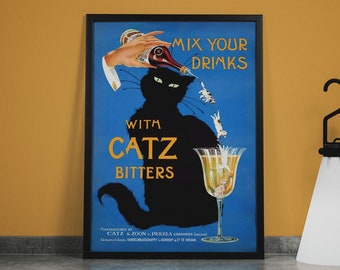 Catz Bitters Poster - Vintage Beverage Poster - Black Cat Wall Art - Bar Wall Art - Liquor