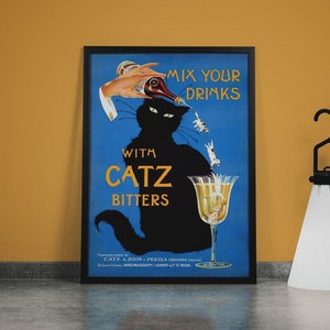 Poster Catz Bitters - Poster di bevande vintage - Arte murale con gatto nero - Arte murale da bar - Liquore
